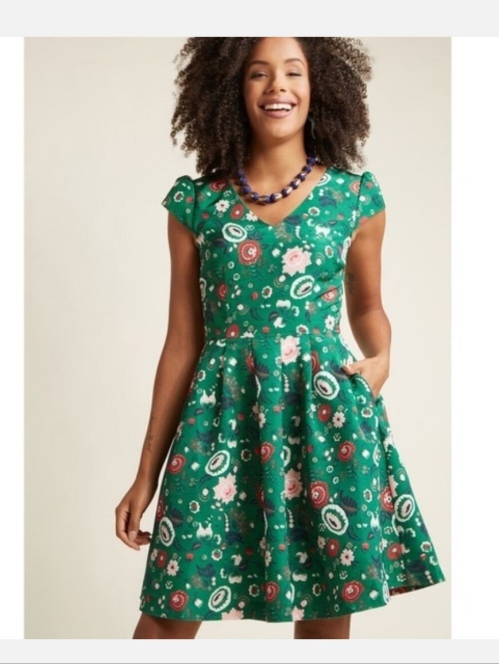 ModCloth Emerald Green Floral V-Neck Fit & Flare Dress Plus SZ, New